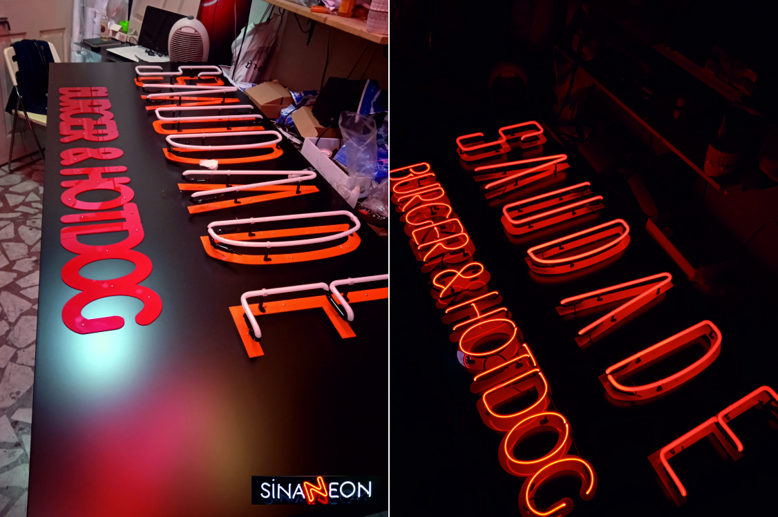 siyah kompozit üzeri pleksi harf ve üzeri cam neon